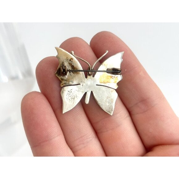 Butterfly Shaped Mexican Made Abalone Shell Inlay Vintage Sterling Silver Brooch - Picture 6 of 10